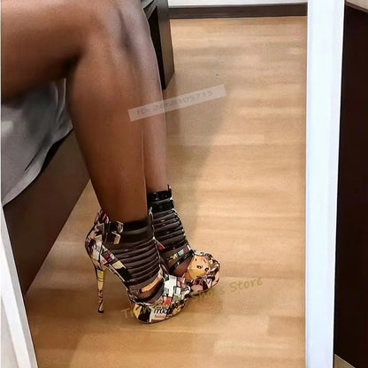 Sexy Mixed Colors Peep Toe Sandals Cross Tied Double Buckle Straps Thin High Heels Cover Heel Ankle New Style Sandals Designer