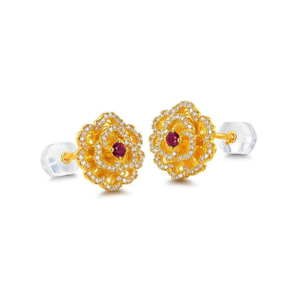 Real Kt18 Gold Color Diamond Peony Pendant Necklace for Women Lover Valentine's Day Birthday Chain Earring Jewelry Sets Gifts