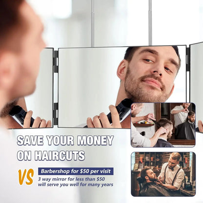 Travel Portable 360° Trifold Vanity Makeup Mirror with Height Adjustable Telescoping Hook for Hair Self Cutting, Shaving, Gifts