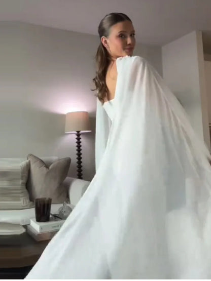 Sheer Cape Round Neck Maxi Dress For Woman Open Back Solid Plain Design Skirt Elegant Wedding Formal Evening Female Long Robes