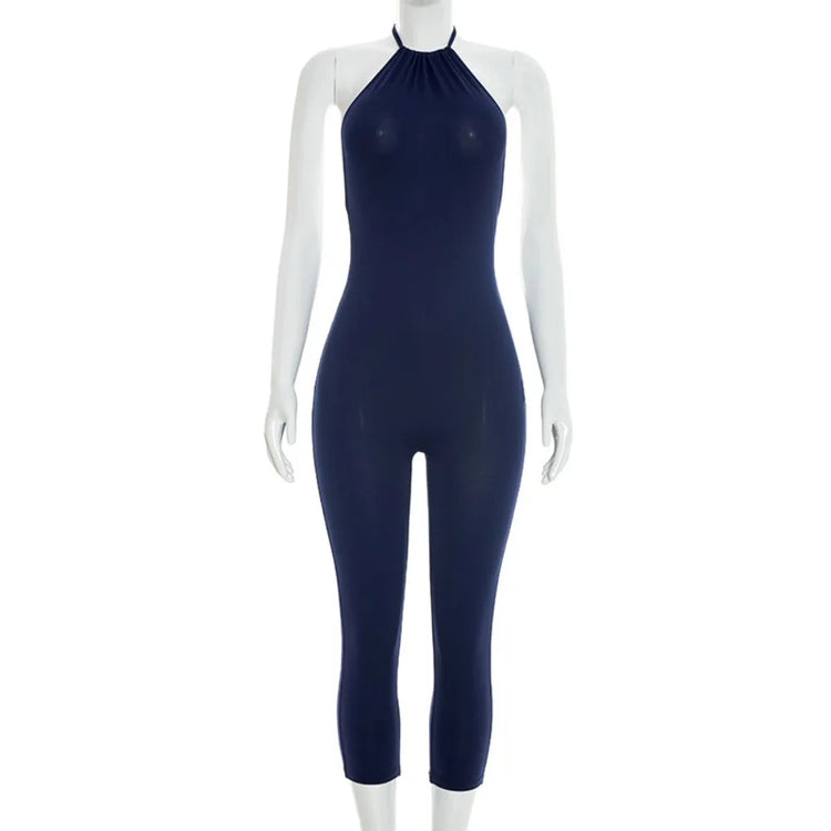 FLARORA Sexy Halter Backless Skinny Jumpsuits Woman Solid Color Slim Fit Capri Jumpsuit Hottie Midnight Street Clubwear Overalls