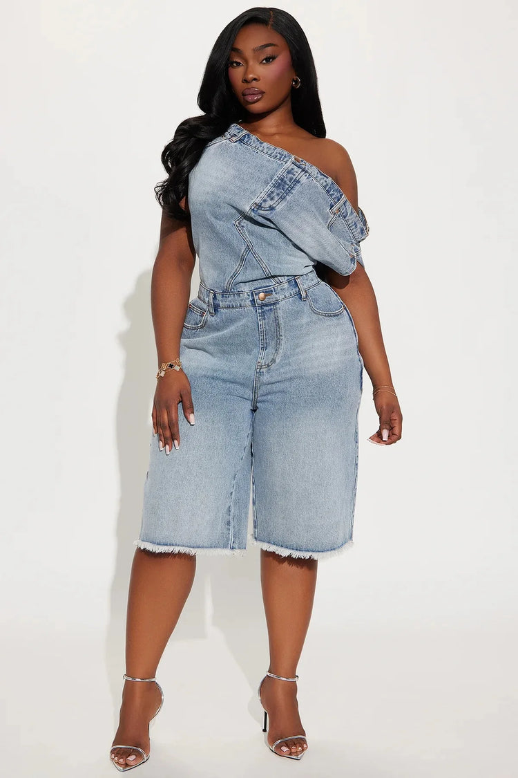 Jumpsuits Women Denim One Piece Short Sleeve Overalls Knee Length Pants Tight Waist Rompers Y2k Streetwear Slash Neck 2026