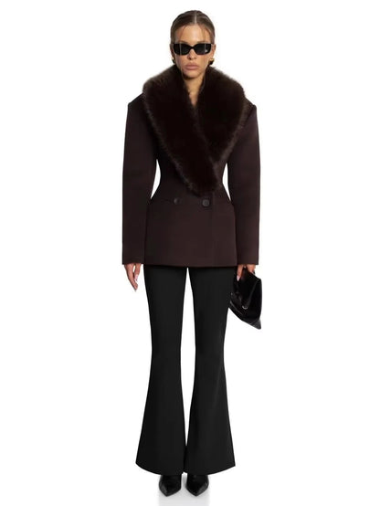 Women Winter Wool Coat Dark Brown Faux Fur Collar Slim Fit 2026 New Elegant Old Money Luxury Streetwear Outerwear