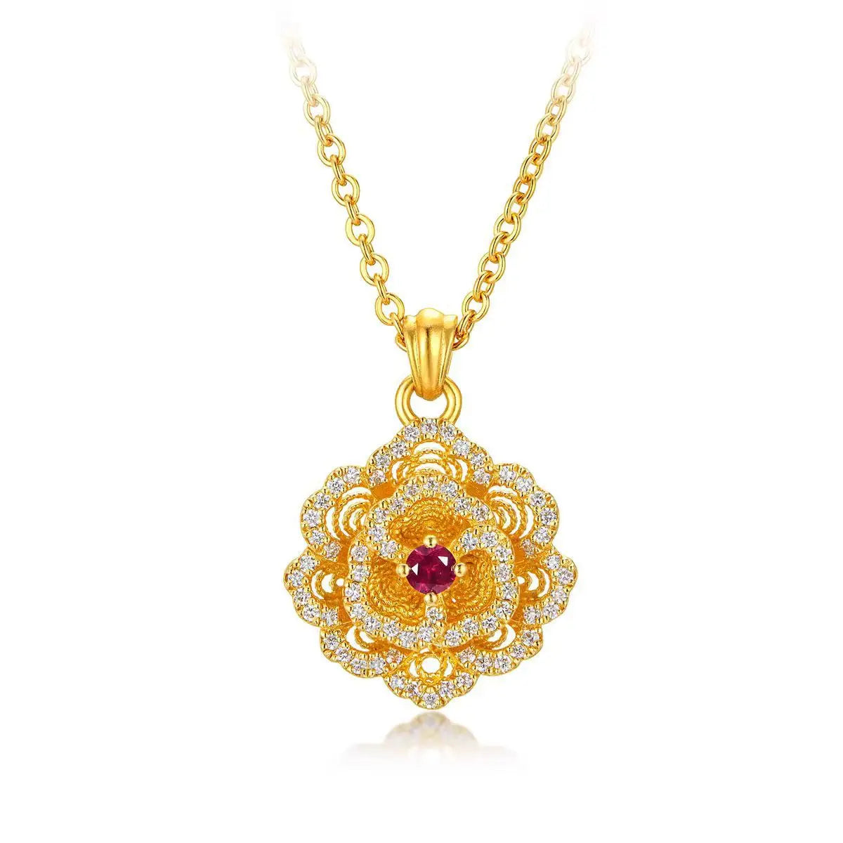 Real Kt18 Gold Color Diamond Peony Pendant Necklace for Women Lover Valentine's Day Birthday Chain Earring Jewelry Sets Gifts