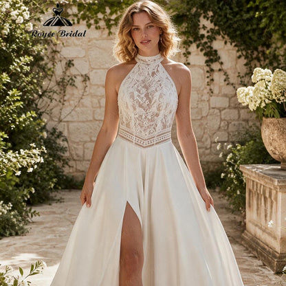 Roycebridal Boho Halter Flowers Lace A Line Wedding Dresses 2027 Open Back Beach Bridal Gown Customized vestido de novia