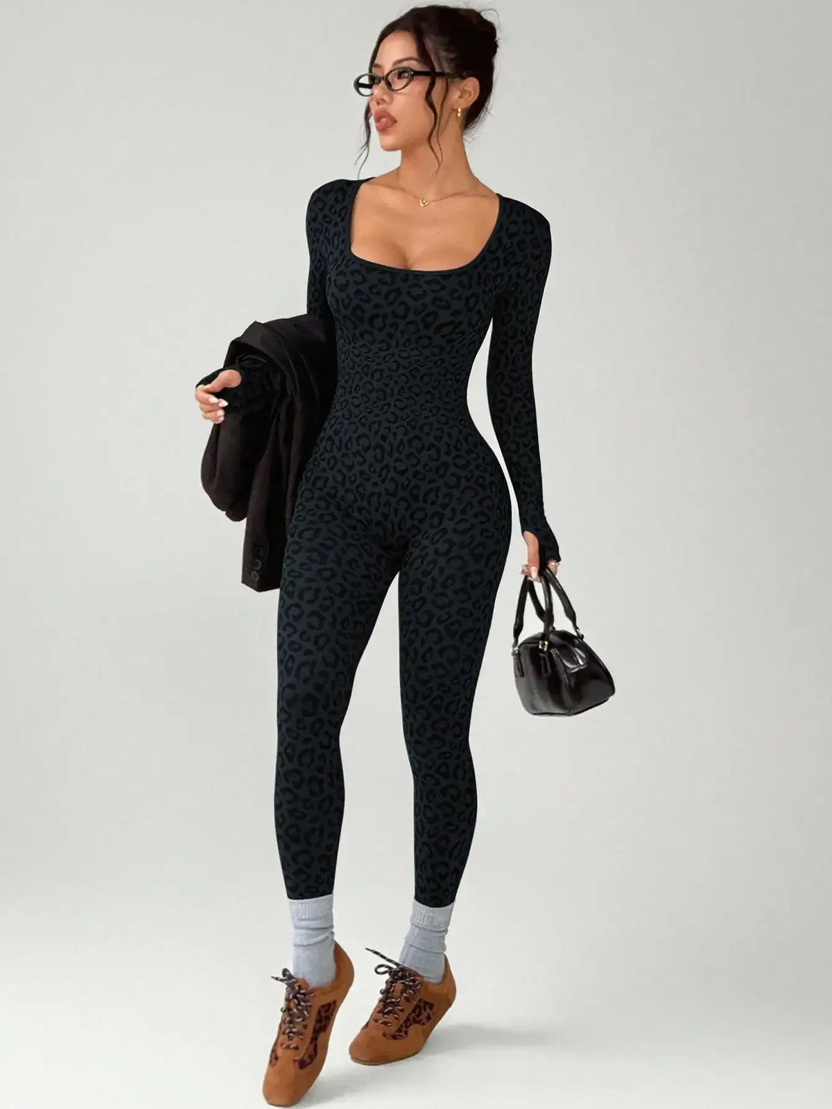 Women Leopard Print Tight Jumpsuit Slimming Hip Hugging Long Sleeve U Collar Stretchy
