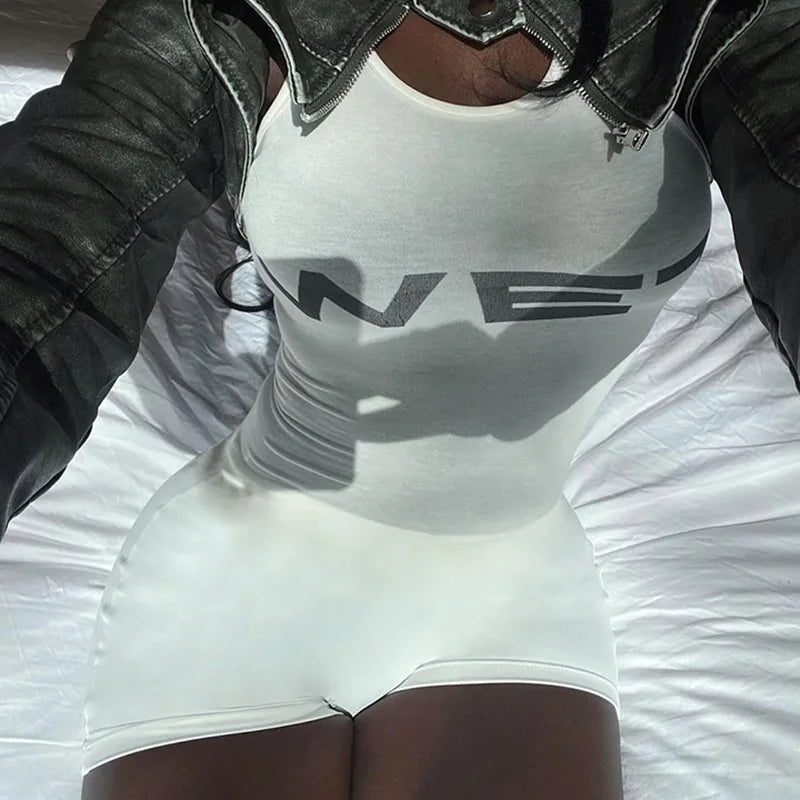 New 2025Summer Women Sexy Sport Romper Subtranslucent Slim Playsuits Letter Printed White Women'S Raceback Sleeveless