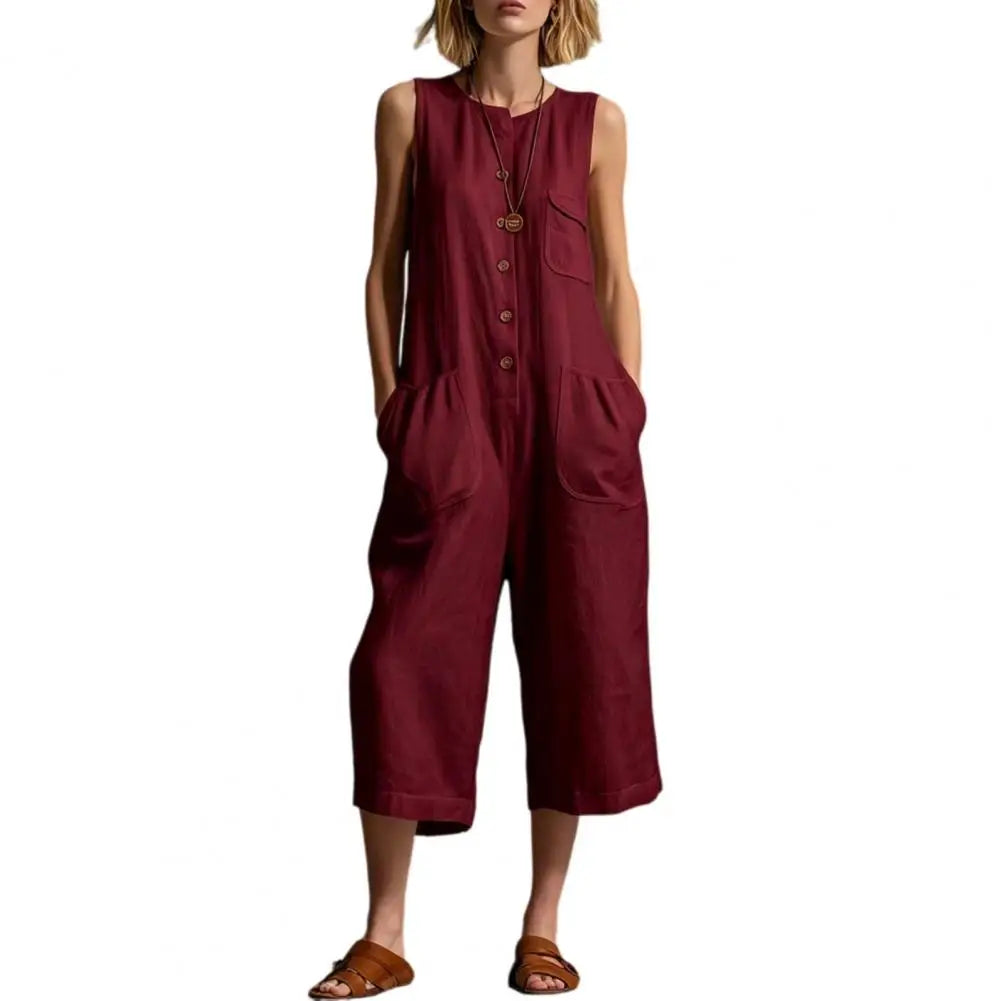 Women Summer Tank Jumpsuit Sleeveless Button Down Cropped Rompers Loose Wide-Leg Overall Pockets Hot Sale