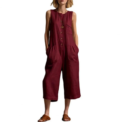 Women Summer Tank Jumpsuit Sleeveless Button Down Cropped Rompers Loose Wide-Leg Overall Pockets Hot Sale