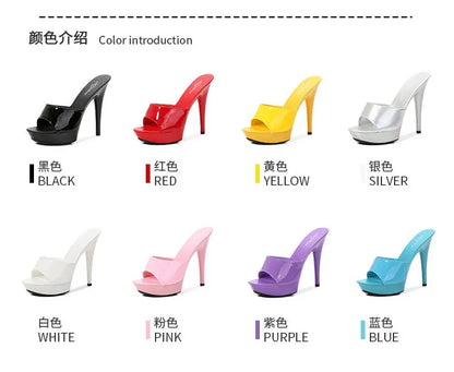 13CM Woman Slippers Mule Patent Leather Sandals Sexy Fashion Slides Party Shoes for Women Luxury Black Summer Platform Sandals