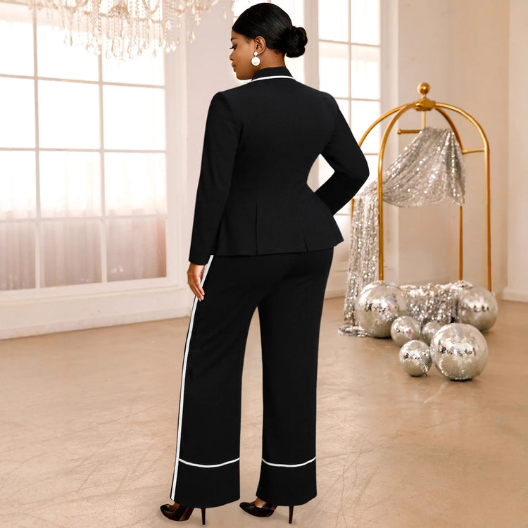 Plus Size Women's Black Contrast Trim Blazer Suit Fashion V-neck Single-breasted Jacket + Wide-leg Pants Two-piece Set Y2K