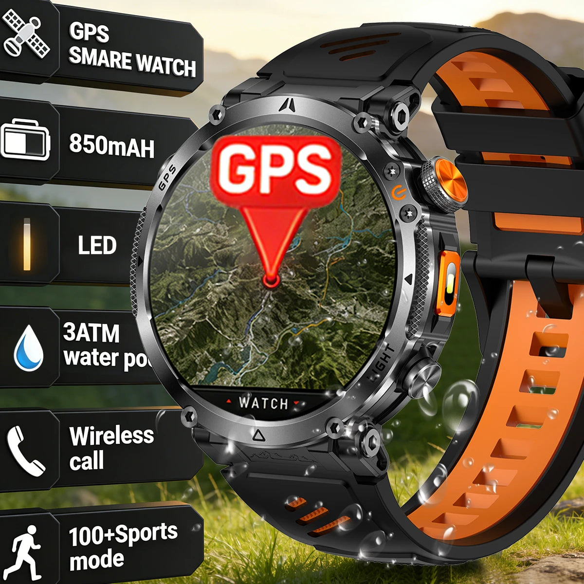 COANR2026 New Military Smart Watch 850mAh Battery GPS trace Compass 3ATM Waterproof Tactics Sport Flashlight call SmartWatch Men