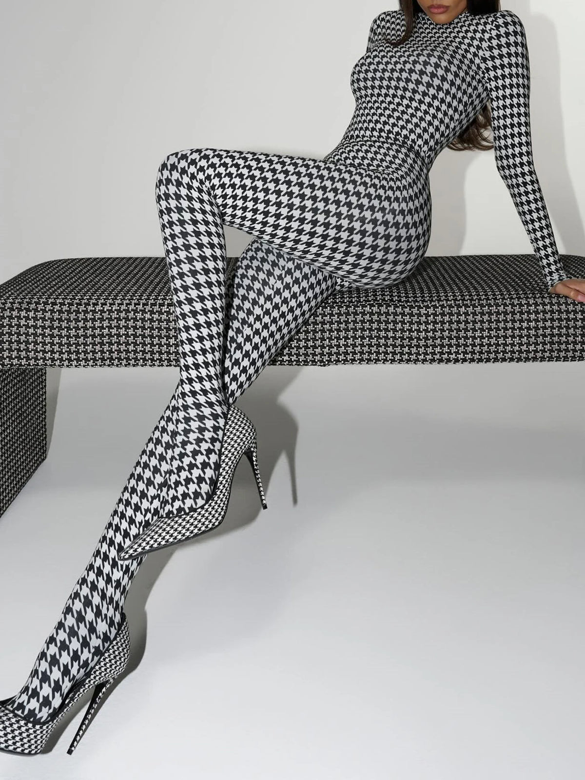 Women's fashionable printed high neck long sleeved sexy high waist slim fit jumpsuit