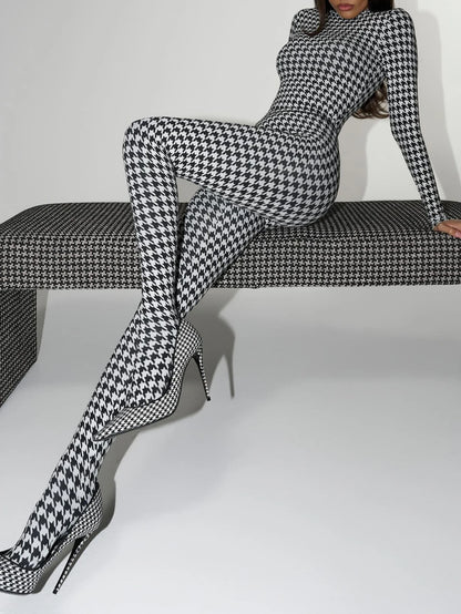 Women's fashionable printed high neck long sleeved sexy high waist slim fit jumpsuit