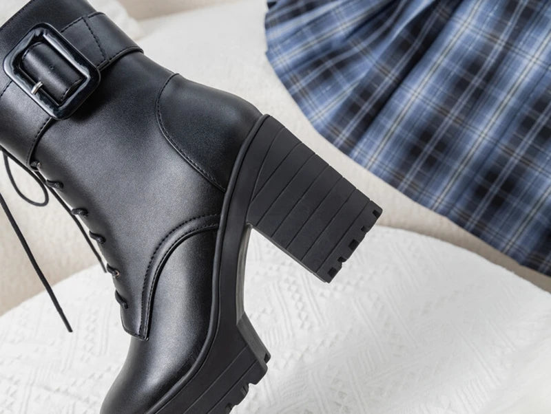 SIMLOVEYO Mortorcycle Ankle Boots Buckles Round Toe 9cm Block Heel Lace Up White Black Big Size 42 43 US12 Fashion