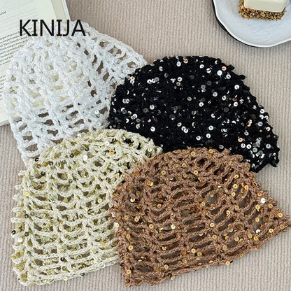 Fashion Vintage Sequined Hollow Pullover Hats Women Spring Summer Travel Photo Atmosphere Versatile Y2K Knit Beanie Hat Girl