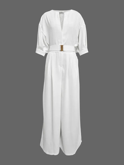 2026 Women Luxury Minimalist Jumpsuit Women's Jumpsuits And Rompers Jumpsuits V Neck Puff Sleeve High Waist Wide Leg Outfits
