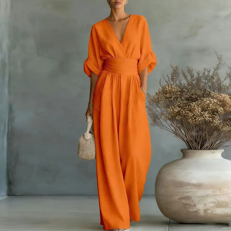OL Style Solid High Waist Draped Jumpsuits Woman 2026 Spring V Neck Wide Leg Trousers Overalls Casual Half Sleeve Rompers Outfit