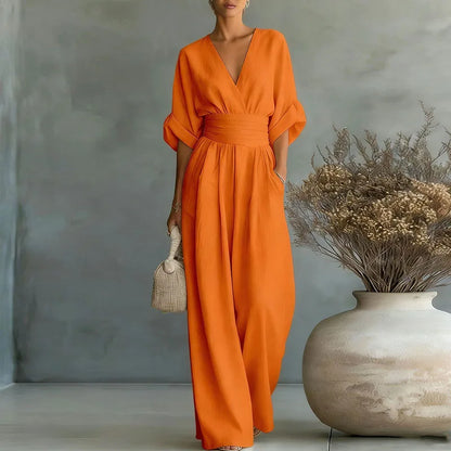 OL Style Solid High Waist Draped Jumpsuits Woman 2026 Spring V Neck Wide Leg Trousers Overalls Casual Half Sleeve Rompers Outfit