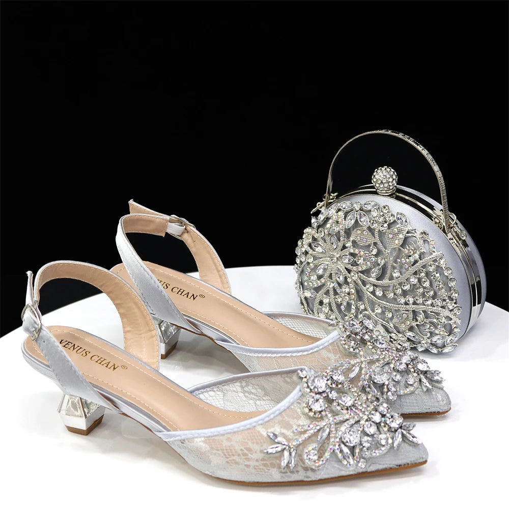 Venus Chan Nigerian Elegant Lace Net Style Green Crystal Low Heel Shoes And Three-Dimensional Mini Bag Commuter Women's Shoes