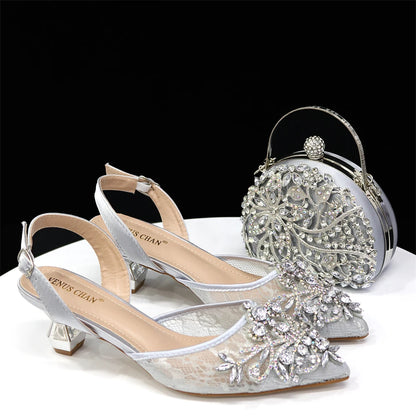 Venus Chan Nigerian Elegant Lace Net Style Green Crystal Low Heel Shoes And Three-Dimensional Mini Bag Commuter Women's Shoes