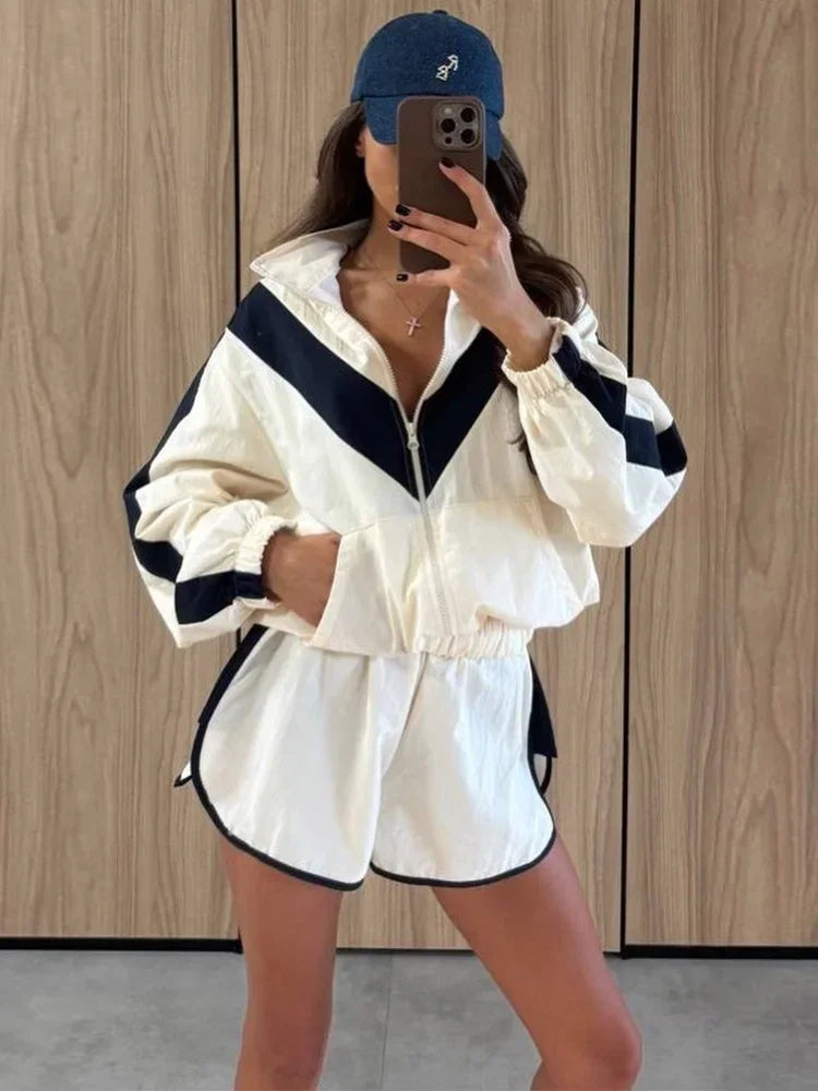 Chevron Stripe Windbreaker Tracksuit Women Casual Zip Cropped Jacket Contrast Trim Shorts Suit Lady Daily Jogging Street Outfit