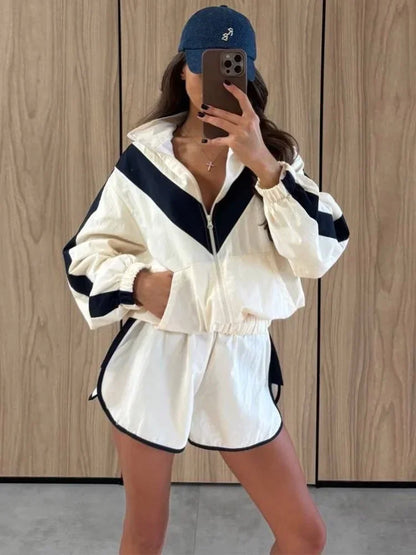 Chevron Stripe Windbreaker Tracksuit Women Casual Zip Cropped Jacket Contrast Trim Shorts Suit Lady Daily Jogging Street Outfit