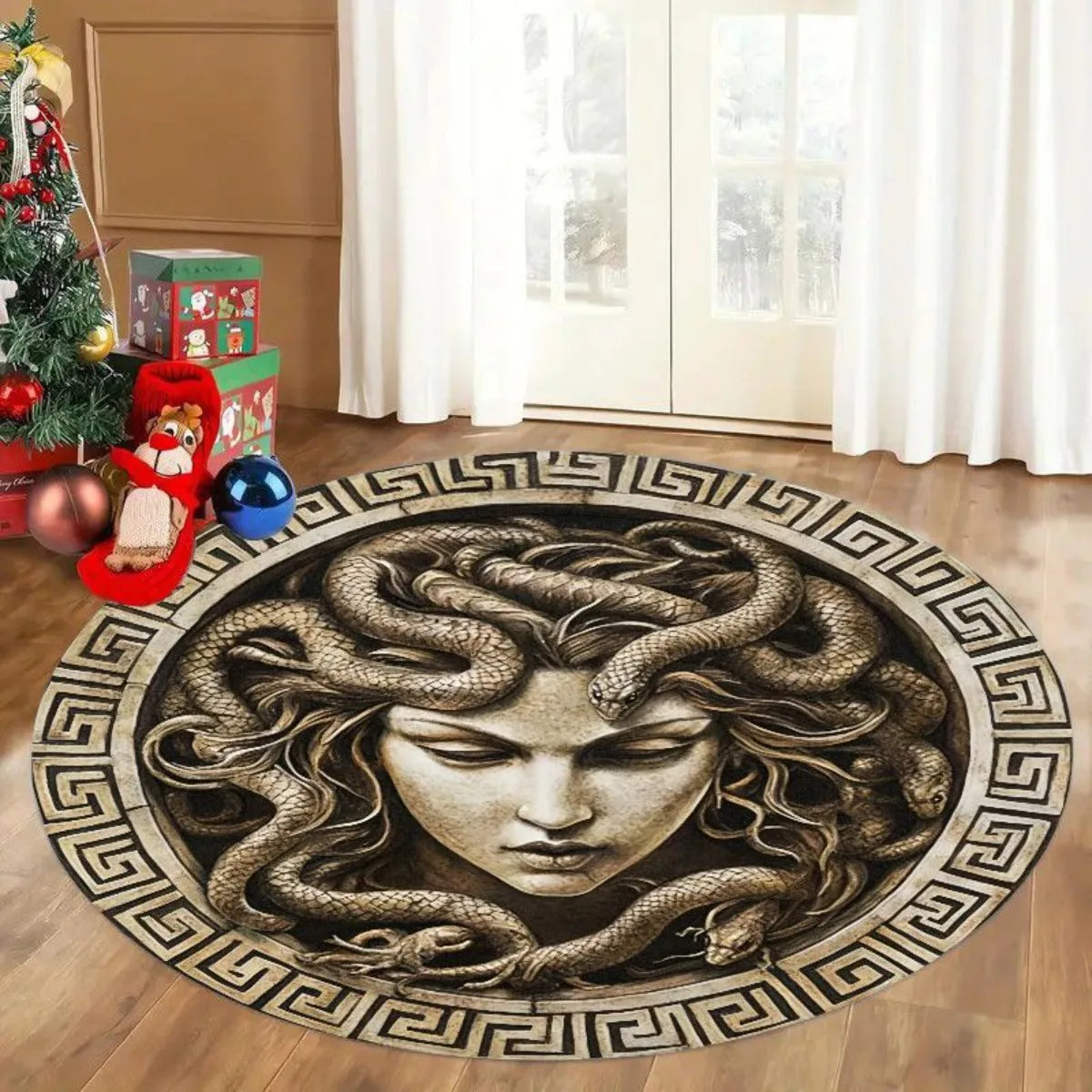1pc Medusa Greek Myth Round Rug Flannel Ancient Art Floor Mat Bedroom Bathroom Decor Snake Hair Goddess Design Soft Carpet