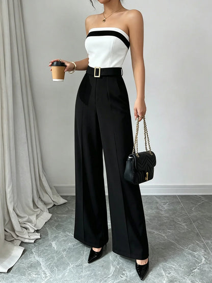 Women's Black White Jumpsuit Square Neck Contrast Trim Ideal for Evening Events Parties Elegant Styles