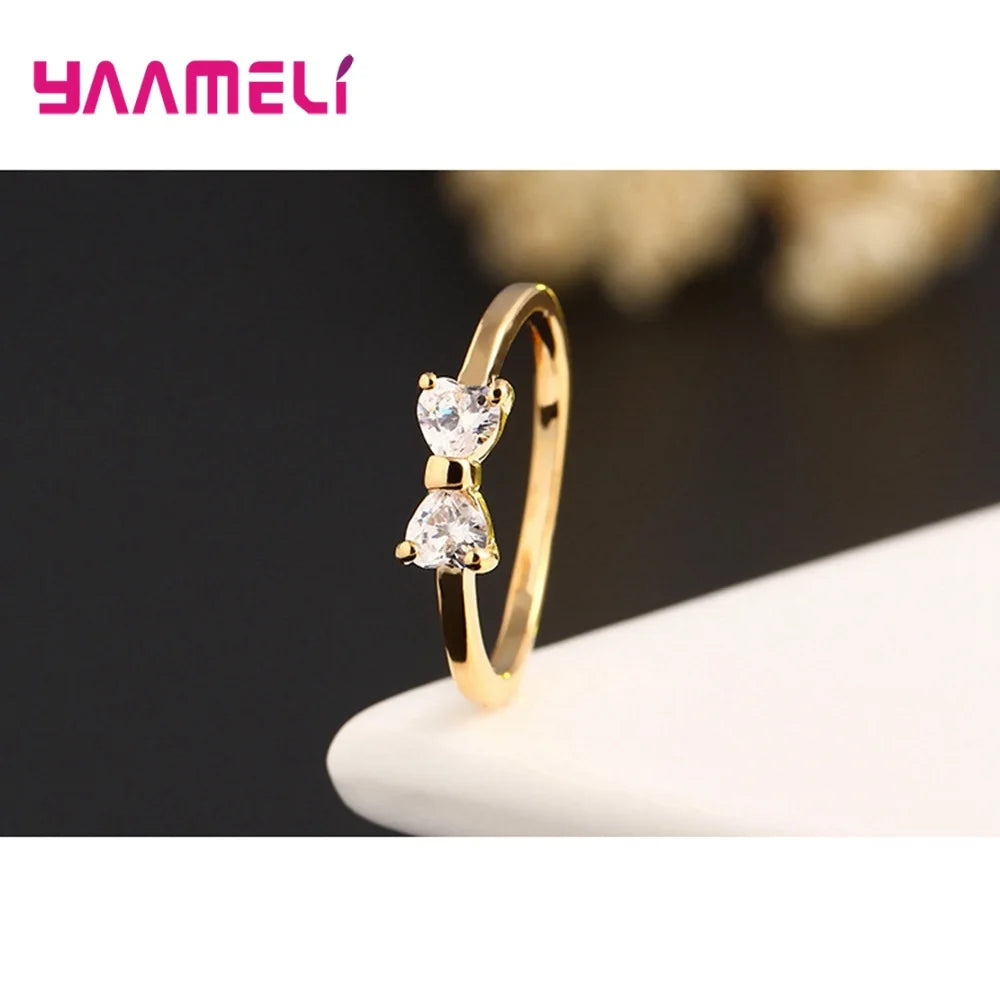Luxury Austria Crystal Fashion 925 Sterling Silver Gold Color Bow Rings For Women Wedding Engagement Cubic Zirconia Jewelry