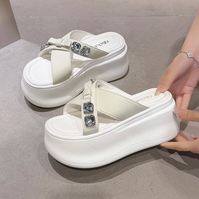 Summer Women's Luxury Rhinestone Bow Platform Wedge Slides Sandals Height Increasing Cross Open Toe Casual Beach Slippers Shoes