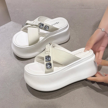 Summer Women's Luxury Rhinestone Bow Platform Wedge Slides Sandals Height Increasing Cross Open Toe Casual Beach Slippers Shoes