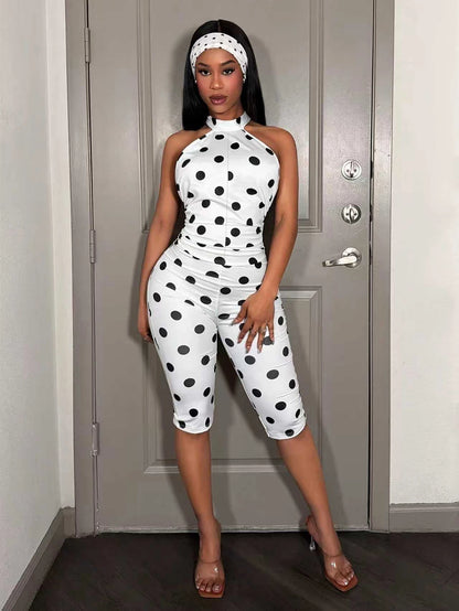Polka Dot Off-Shoulder Long Sleeve Jumpsuit Women's Waist-Cinching Slim Fit Pleated Bodycon Backless Belted Ankle-Length Pant