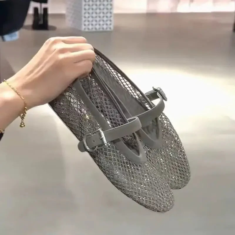 2026 New Model~ Fishnet Rhinestone Ballet Flat Mary Jane Women's Shoes with Hollowed-Out Strap