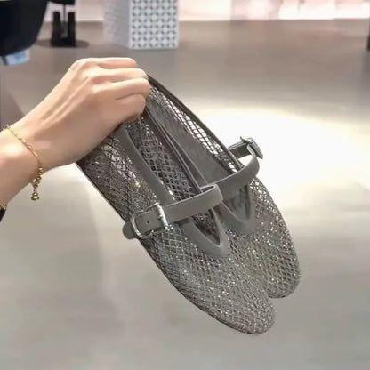 2026 New Model~ Fishnet Rhinestone Ballet Flat Mary Jane Women's Shoes with Hollowed-Out Strap