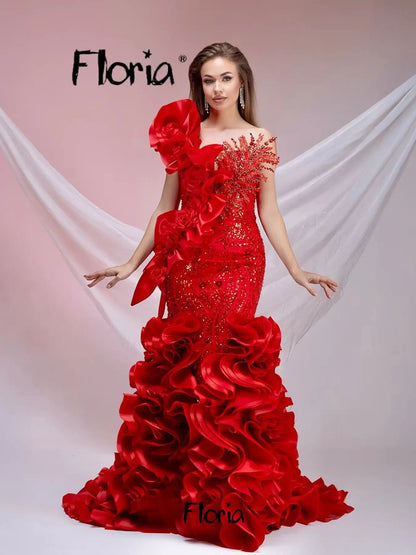 One Shoulder Red Ruffles 3D Leaf Prom Dress Glitter Birthday Party Gown Customized Dubai Formal Occasion Night Dress Engagement