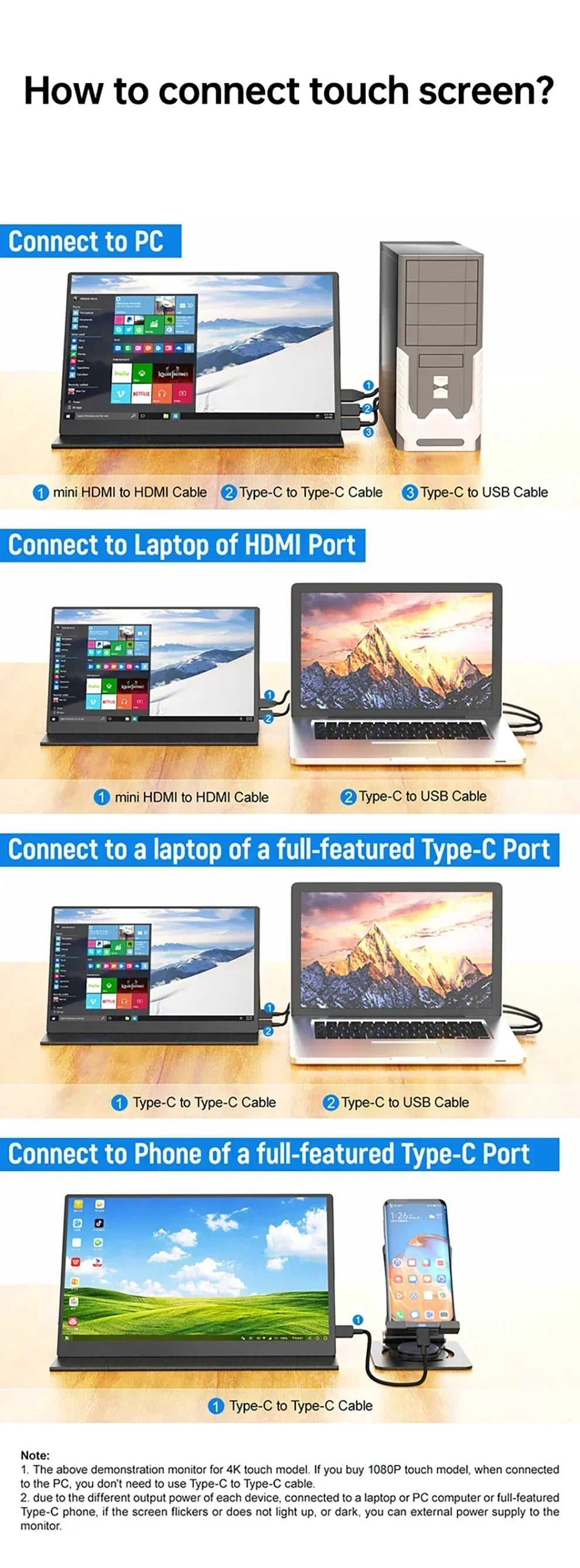 16 Inch 4K 120Hz Touchscreen Portable Monitor 100%DCI-P3 500Nit 16:10 HDR FreeSync Screen Game Display For PC XBox PS4/5 Switch