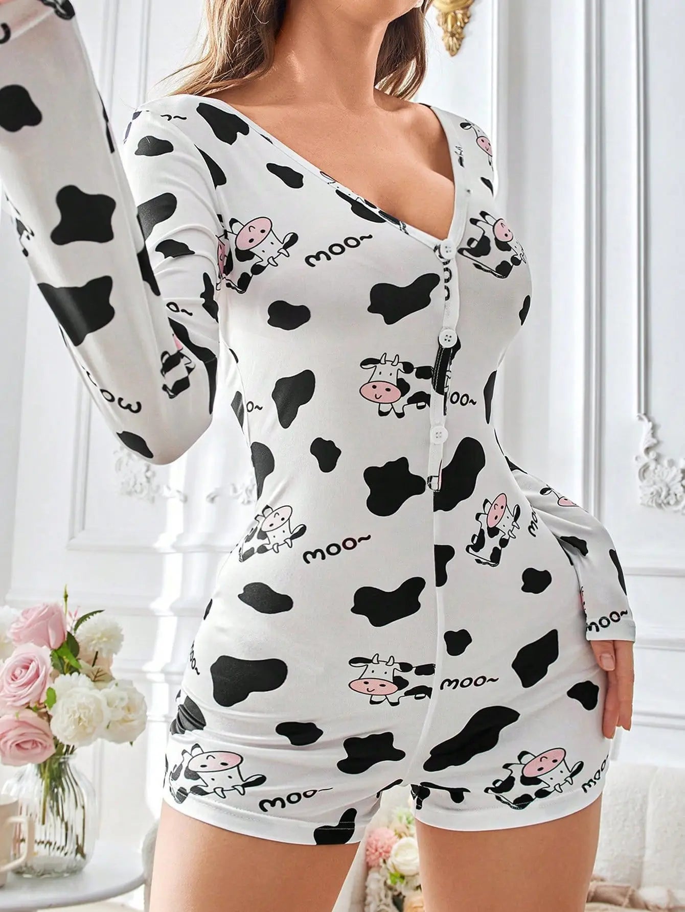 Summer Casual Little Bear Print Bodysuit Women's Sexy Onesies Pajamas Sleepwear V-neck Front Button Long Sleeve Jumpsuit