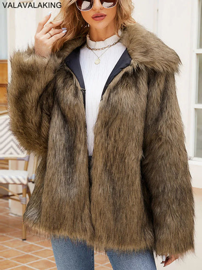 2026 Autumn Winter Brown Faux Fur Coat Women Casual Turndown collar Fluffy Plush Jacket Long Sleeve Thick Fake Fur Warm Cardigan