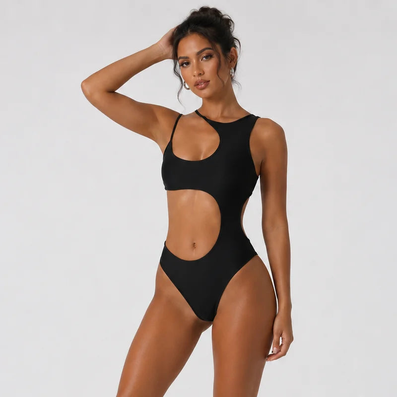 Y2K Bodysuit for Women Black One Shoulder Asymmetric Cut Out Slim Fit Sleeveless High Cut One Piece Leotard Body Suit