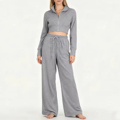 Streetwear Cool Cropped Zip Up Sweatshirt Two-Piece Set for Women Sport Tops with Elastic Waist Drawstring Wide-Leg Pants Suit