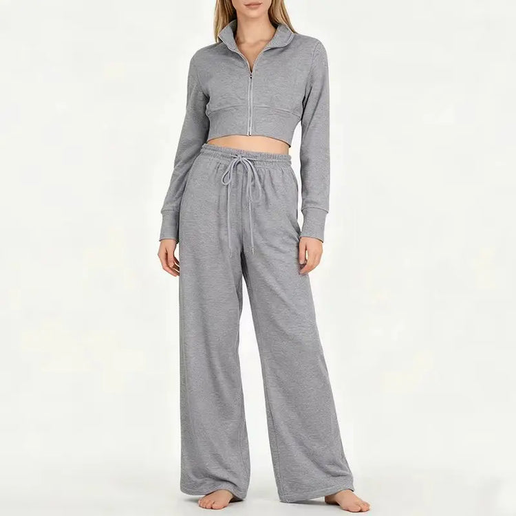 Streetwear Cool Cropped Zip Up Sweatshirt Two-Piece Set for Women Sport Tops with Elastic Waist Drawstring Wide-Leg Pants Suit