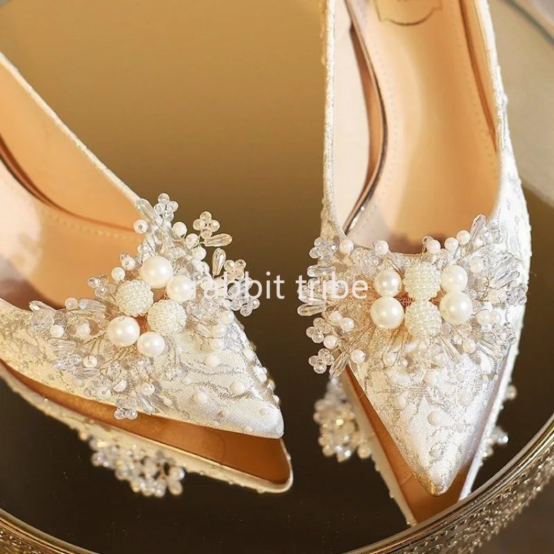 New Designer Low Heel Wedding Shoes Luxury Pearl Water Diamond Decoration Banquet Women's Shoes High Heel Women's Singles Shoes