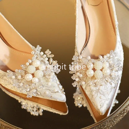 New Designer Low Heel Wedding Shoes Luxury Pearl Water Diamond Decoration Banquet Women's Shoes High Heel Women's Singles Shoes