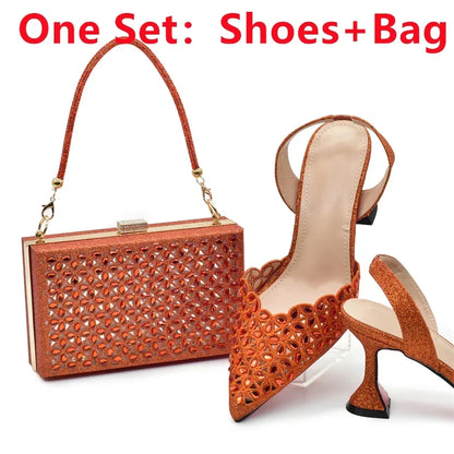 New Arrival Shoe and Bag Set Italian Design Nigeria Party Shoes and Bags for Women Rhinestone Luxury High Heels Woman Pumps
