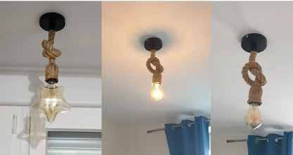 Hemp Rope Pendant Lights E27 Vintage Retro Hemp Rope Lamp Hanging Lamps Creative Loft Home Chandeliers LED Light Base AC85V-265V