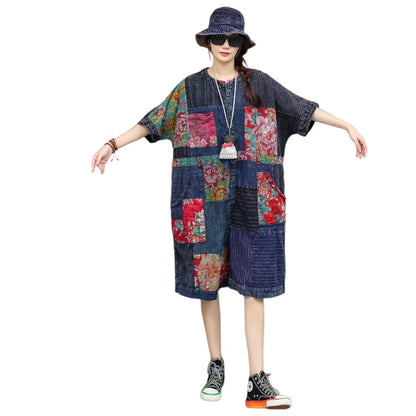 Unique Design Vintage-style Patchwork Large Floral Print Jumpsuit Women Summer Loose Casual Romper LX6155