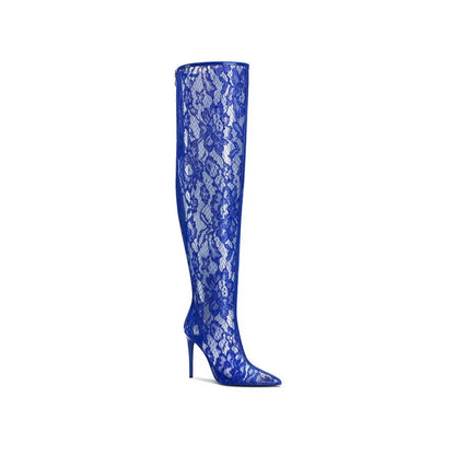 Spring Women Lace With PVC Thigh High Boots Sexy Pointed Toe Stiletto High Heels Transparent Over The Knee Boots Bigger Size 44