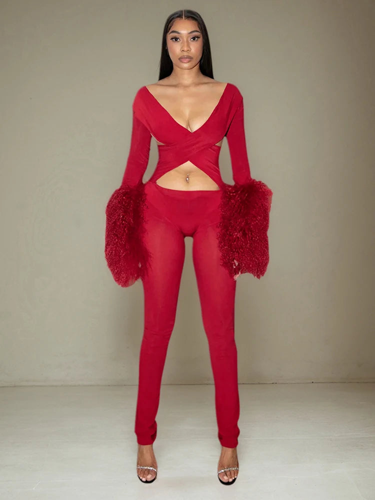 Weird Puss Cross Hollow Jumpsuit Women Sexy Fit Fur Patchwork Full Sleeve Workout Activity Streetwear Stretch Tight Overalls