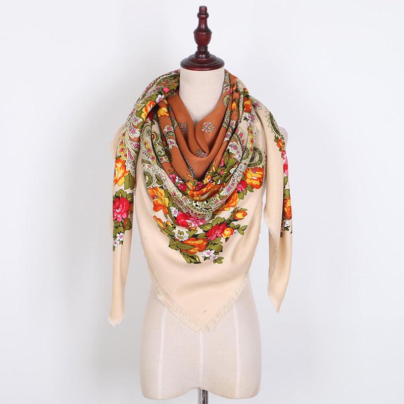 Russian Women Big Size Square Scarf Luxury Floral Print Bandana Wraps Female Retro Short Tassel National Shawl